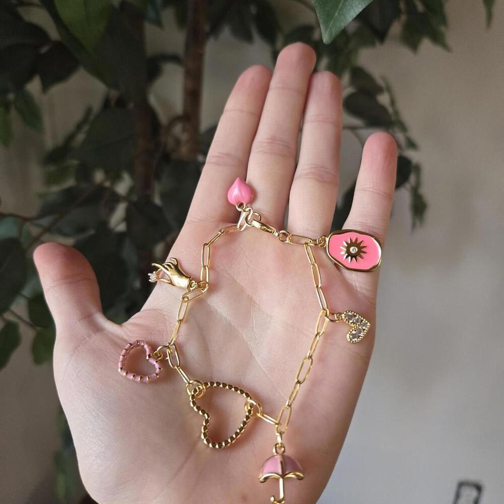 18k Gold Pink Heart Charm Bracelet